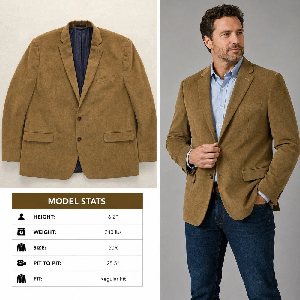 Chaps Mens Tan Brown Corduroy Blazer Sport Coat 50R Regular Fit 2 Button 1041